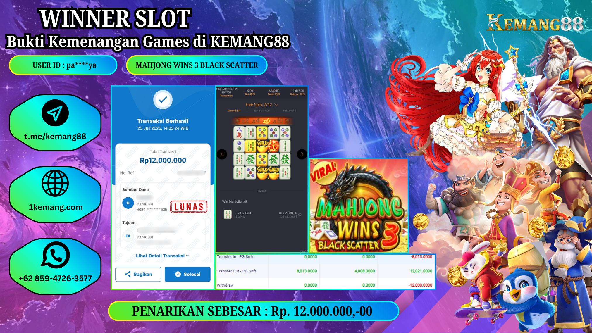 KEMANG88 [25 JULY 2025] : JACKPOT MAHJONG WINS 3 BLACK SCATTER [PP] Rp.12.000.000.,- LUNAS